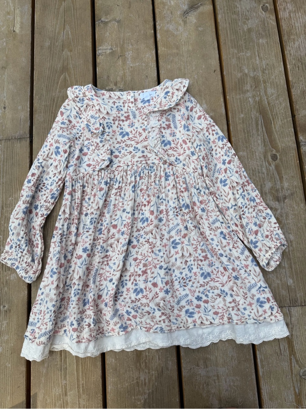 Angel Dear Lace Trimmed White Dress with Blue & Pink Floral Print